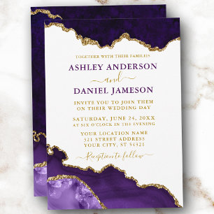 Invitation Aquarelle violet violet or marbre Mariage