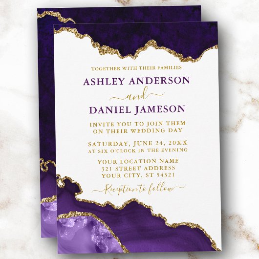 Invitation Aquarelle violet violet or marbre Mariage