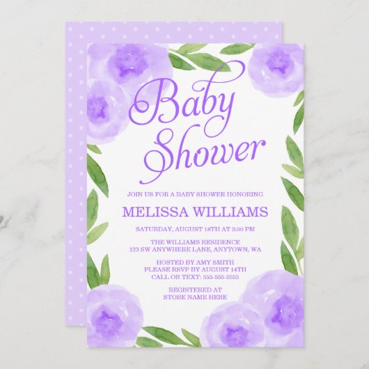 Invitation Aquarelle violette Baby shower de fille feuille fl (Devant / Derrière)