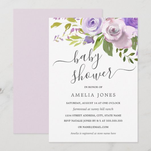 Invitation Aquarelle violette Baby shower Floral (Devant / Derrière)