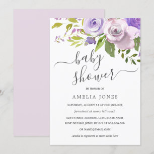 Invitation Aquarelle violette Baby shower Floral