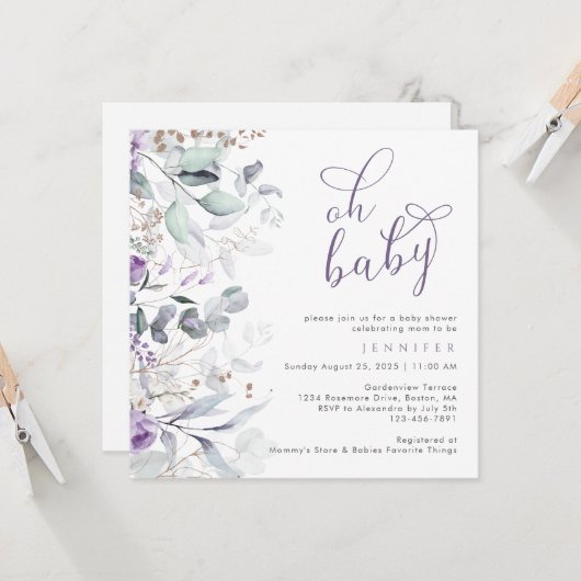 Invitation Aquarelle violette Baby shower Oh (Devant/Arrière en situation)