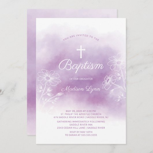 Invitation Aquarelle violette Baptême Christening (Devant / Derrière)