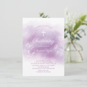 Invitation Aquarelle violette Baptême Christening (Debout devant)