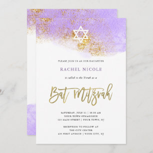 Invitation Aquarelle violette Bat mitzvah d'or Faux