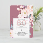 Invitation Aquarelle violette bleu floral 80e anniversaire (Debout devant)