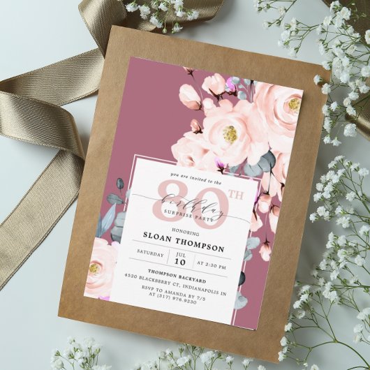 Invitation Aquarelle violette bleu floral 80e anniversaire