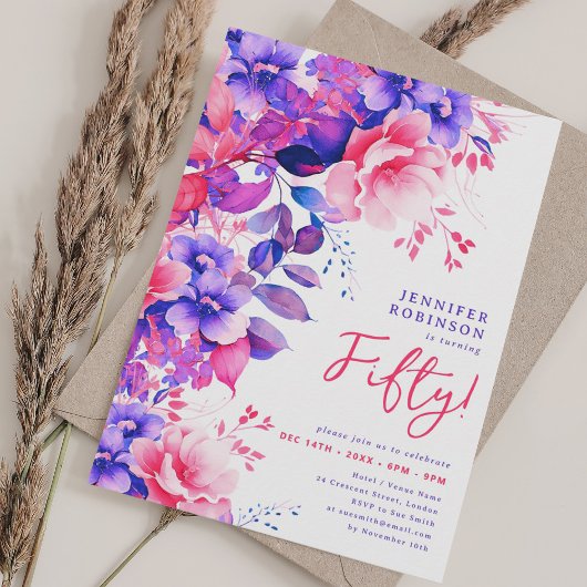 Invitation Aquarelle violette brillante Florale 50e anniversa