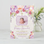 Invitation Aquarelle violette couleur florale Baptême Communi (Debout devant)