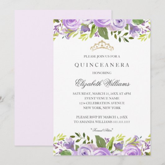 Invitation Aquarelle violette Élégante Quinceanera Florale (Devant / Derrière)