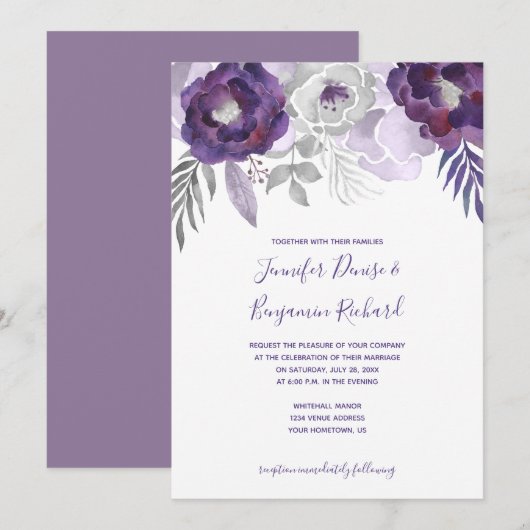 Invitation Aquarelle violette et argentée Mariage floral (Devant / Derrière)