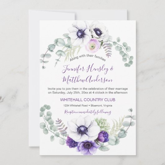 Invitation Aquarelle violette et blanche Mariage floral | (Devant)
