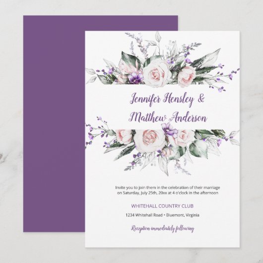 Invitation Aquarelle violette et bleu Mariage de cadre Floral (Devant / Derrière)