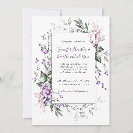 Invitation Aquarelle violette et bleu rectangle floral | (Devant)