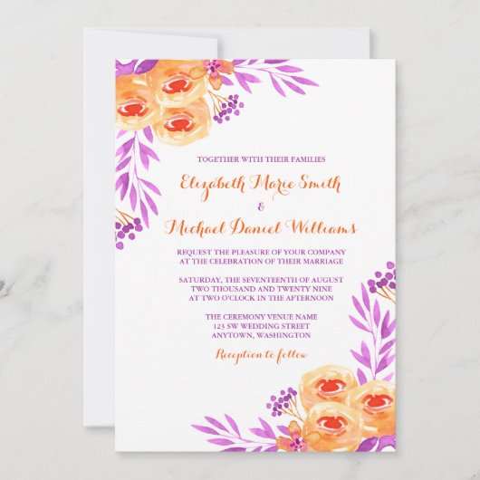 Invitation Aquarelle violette et orange Mariage floral (Devant)