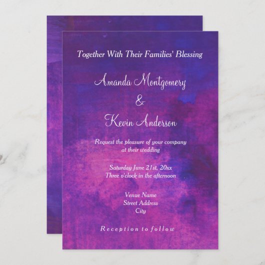 Invitation Aquarelle violette et rose Mariage Abstrait (Devant / Derrière)