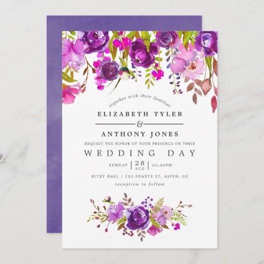 Invitation Aquarelle violette et violet Mariage floral (Devant / Derrière)