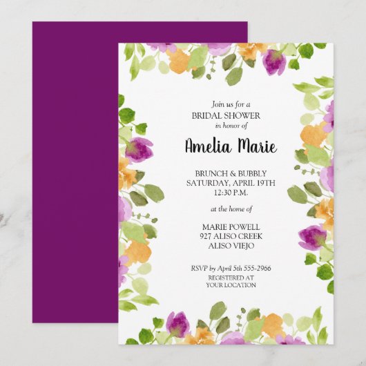 Invitation Aquarelle violette Fête des mariées florale (Devant / Derrière)