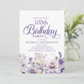 Invitation Aquarelle violette Floral 100e anniversaire (Debout devant)
