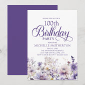 Invitation Aquarelle violette Floral 100e anniversaire (Devant / Derrière)