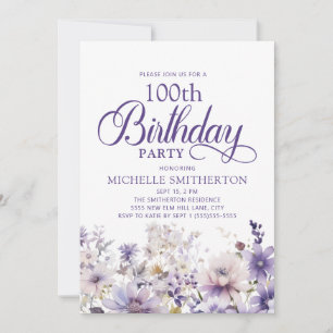 Invitation Aquarelle violette Floral 100e anniversaire