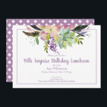 Invitation Aquarelle violette Floral 90e Anniversaire surpren<br><div class="desc">Cette invitation à la floraison d'aquarelle rose et violet est parfaite pour votre fête spéciale. Ce design est composé d'un arrière - plan blanc accentué d'un boho floral et d'un arrangement succulent avec typographie personnalisée. Ajoutez vos informations pour compléter le look.</div>