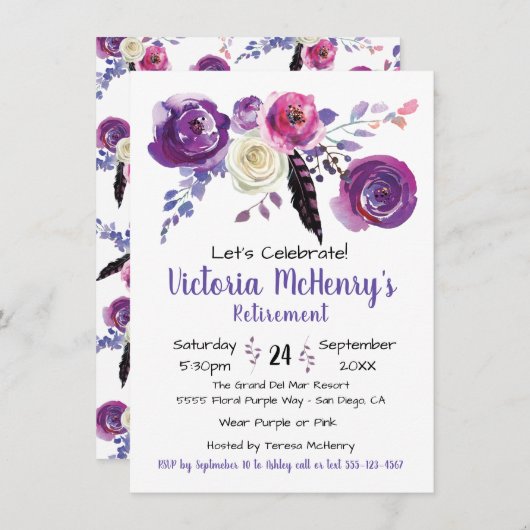 Invitation Aquarelle violette Floral Boho Retraite Party (Devant / Derrière)