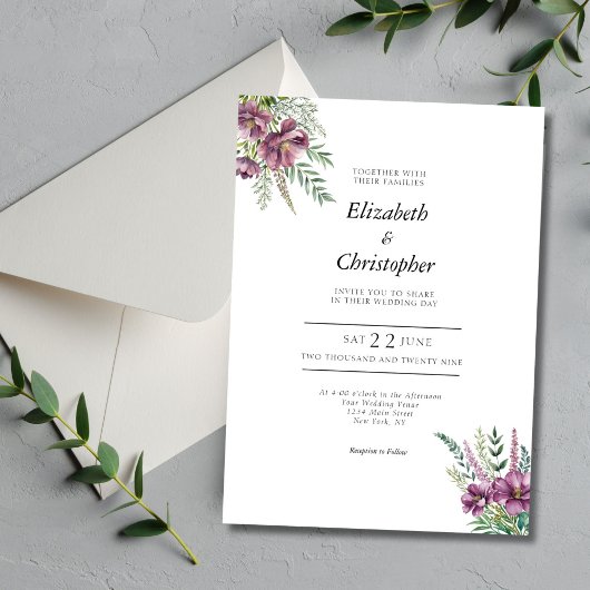 Invitation Aquarelle violette Floral Élégant Mariage moderne