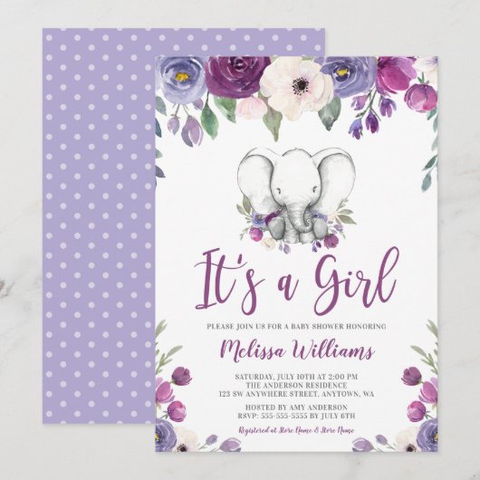Invitation Aquarelle violette Floral Elephant Baby shower fil (Devant / Derrière)