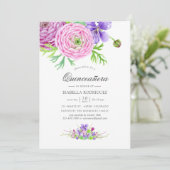 Invitation Aquarelle violette Floral Quinceañera (Debout devant)