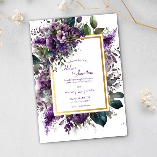 Invitation Aquarelle violette Florale Elegant Mariage Boho
