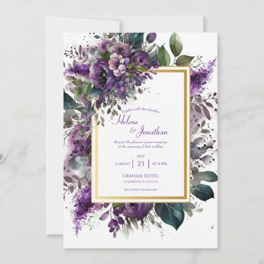 Invitation Aquarelle violette Florale Elegant Mariage Boho (Devant)