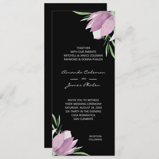 Invitation Aquarelle violette Florale Mariage noir (Devant / Derrière)