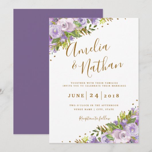 Invitation Aquarelle violette Florale Mariage or (Devant / Derrière)