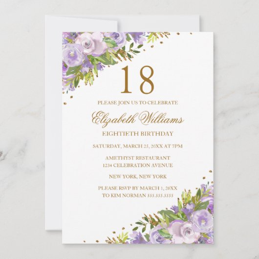 Invitation Aquarelle violette Florale Or 18e anniversaire (Devant)