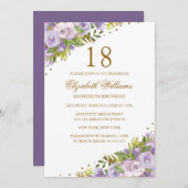 Invitation Aquarelle violette Florale Or 18e anniversaire (Devant / Derrière)
