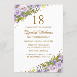 Invitation Aquarelle violette Florale Or 18e anniversaire