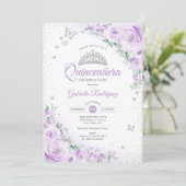 Invitation Aquarelle violette Florale Rose Quinceanera (Debout devant)