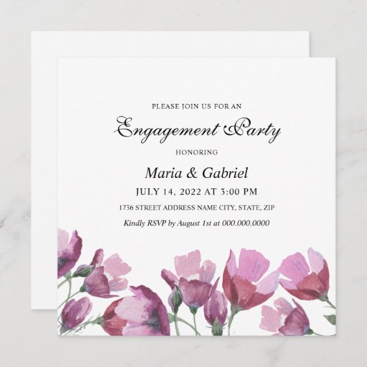 Invitation Aquarelle violette Flower. Fête de fiançailles flo (Devant / Derrière)