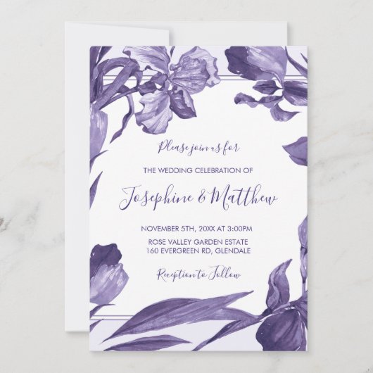 Invitation Aquarelle violette Iris Mariage végétal (Devant)