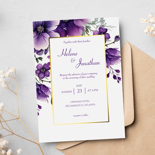 Invitation Aquarelle violette Jardin floral élégant Mariage