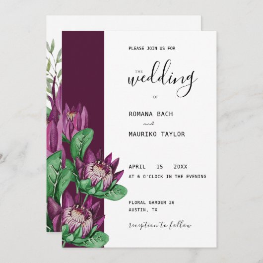 Invitation Aquarelle violette King Protea (Devant / Derrière)