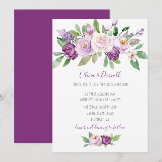 Invitation Aquarelle violette Lavande Mariage Floral (Devant / Derrière)
