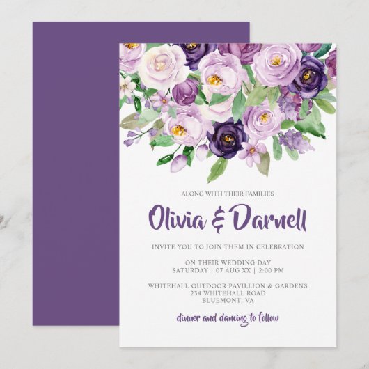 Invitation Aquarelle violette Lavande Mariage Floral (Devant / Derrière)