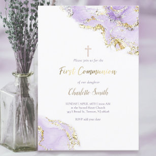 Invitation aquarelle violette lavande   Première communion fi