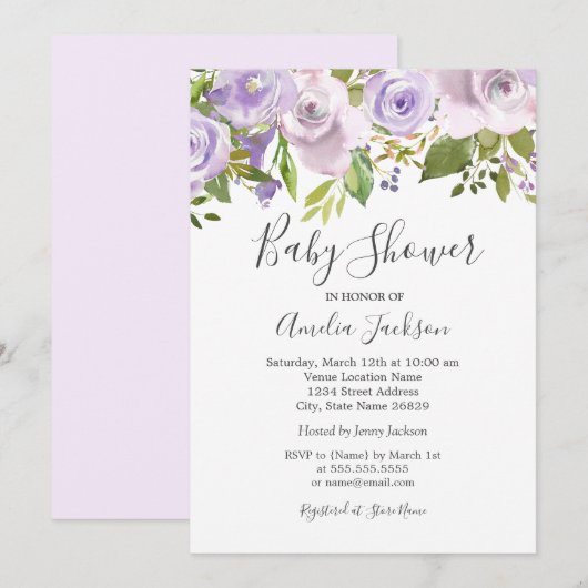 Invitation Aquarelle violette Lilac Baby shower Floral (Devant / Derrière)