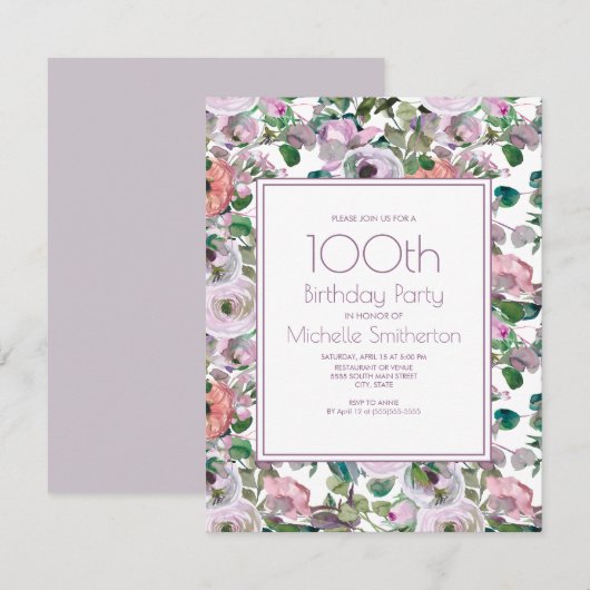 Invitation Aquarelle violette Lilac Floral 100e anniversaire (Devant / Derrière)