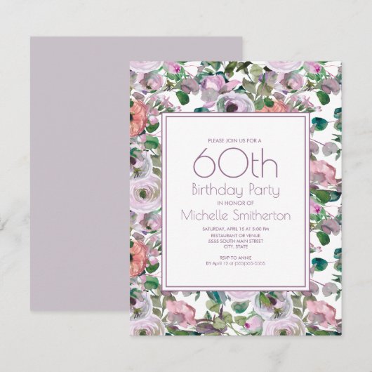 Invitation Aquarelle violette Lilac Floral 60e anniversaire (Devant / Derrière)