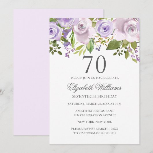 Invitation Aquarelle violette Lilac Floral 70e anniversaire (Devant / Derrière)