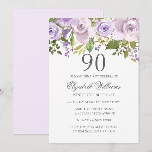 Invitation Aquarelle violette Lilac Floral 90e anniversaire (Devant / Derrière)